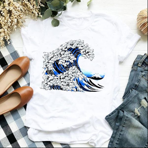 

women lady vintage dog wave womens t shirts painting kawaii print aesthetic ladies tee shirt clothes female graphic, White