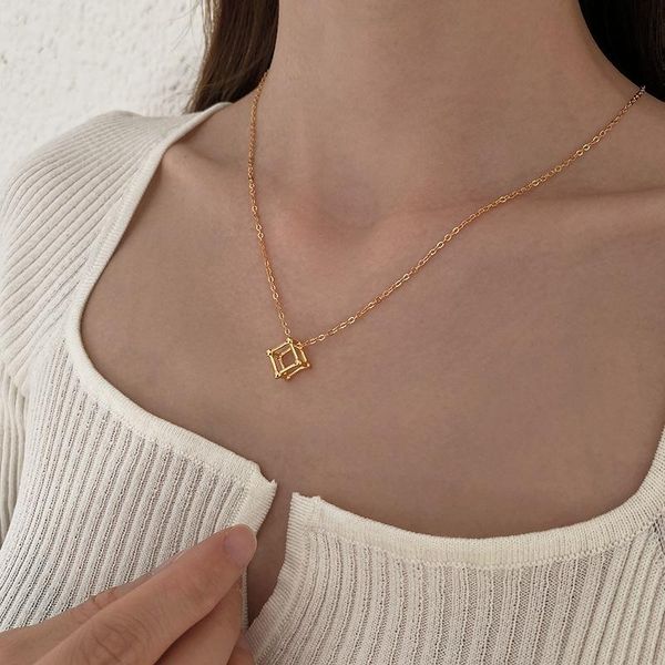 

chains gold chain geometry pendant necklace for female collar retro hollow out square necklaces women jewelry gifts, Silver