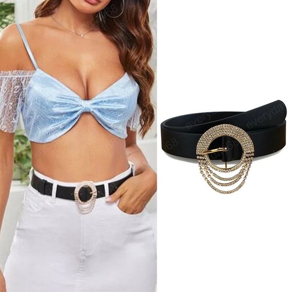 

fashion rhinestone women belts geometric hollow round buckle waistbelt black pu leather dress coat waist belts decorations, Black;brown