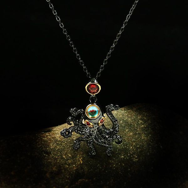 Collana con ciondolo girocollo in rubino in argento sterling 925 di lusso per le donne Retro Octopus Animal Catene di gioielli turchi da cocktail in oro nero