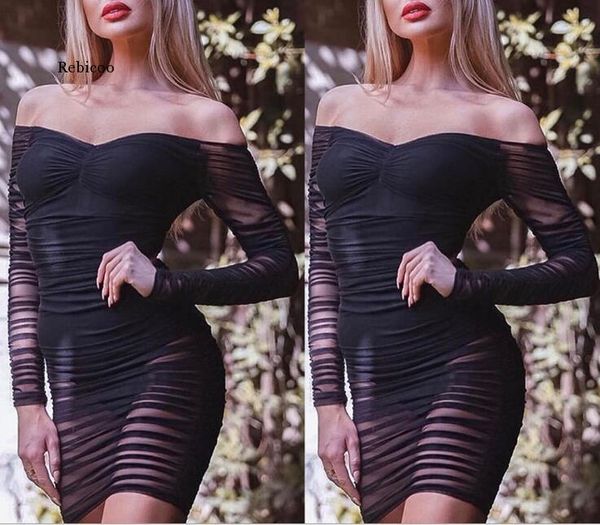

casual dresses off shoulder black party dress women bodycon summer nightclub solid fashion mesh long sleeve, Black;gray