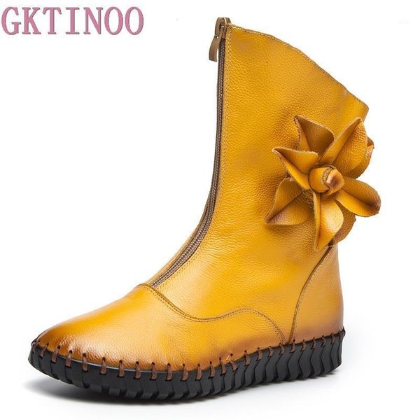 

boots gktinoo women ankle handmade soft flower decoration womens autumn winter genuine leather shoes flat plus size1, Black