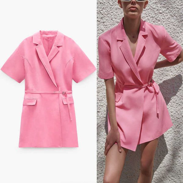 

za pink summer blazer dress women short sleeve double breasted elegant office lady dress side pockets woman mini dresses 210602, Black;gray
