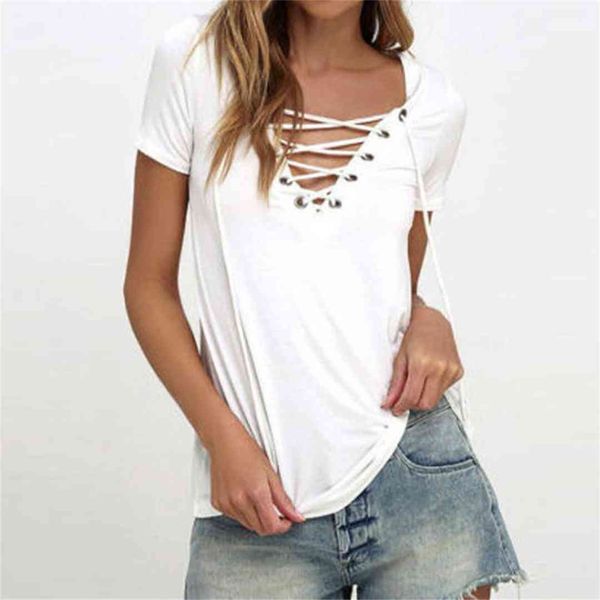 

new women blusas summer v neck blouses short sleeve casual hollow out lace-up solid shirts tees oversized, White