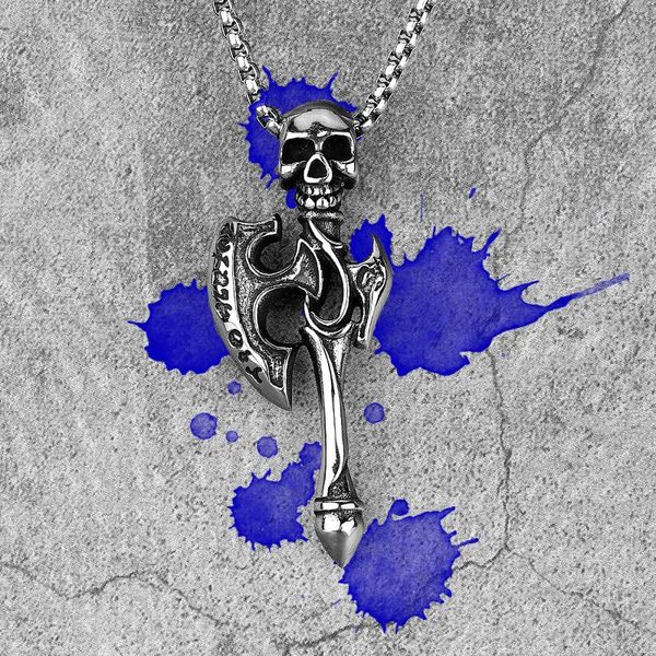 

chains viking skull ax stainless steel men necklaces pendants chain gothic punk for boyfriend male jewelry creativity gift wholesale, Silver