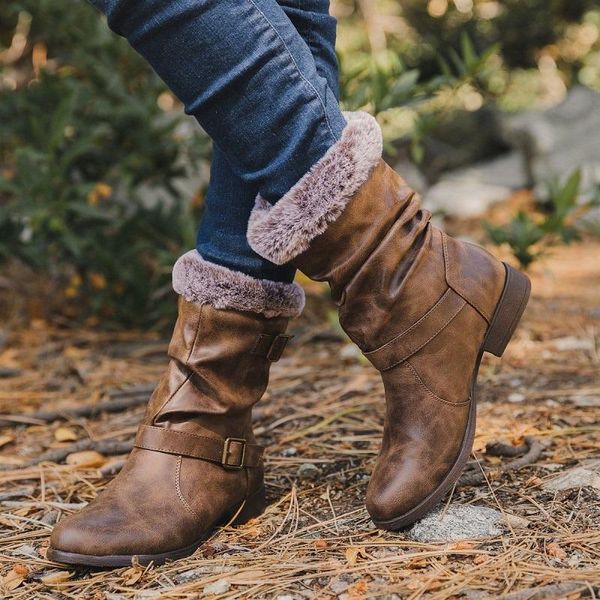 

boots autumn winter women pu leather low heels ladies slip on shoes buckle strap platform vintage retro furry plus size 43, Black