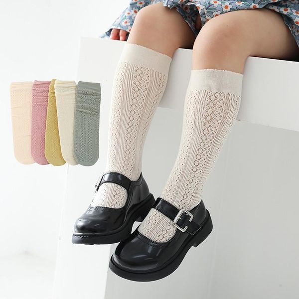 

summer born baby girls cute mesh lace long socks kids infant soild color knee length soft cotton breathable high thin sock, Pink;yellow