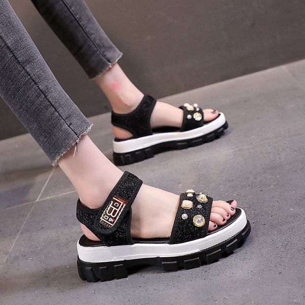 

sandals lucyever fashion crystal flat platform women 2021 summer comfortable outdoor sandalias mujer thick bottom beach shoes vxk8, Black