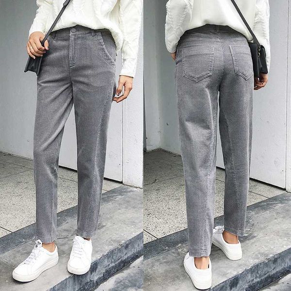 

women's & capris pants autumn winter vintage solid casual pleated office laldy high waist harem pant women corduroy trousers, Black;white