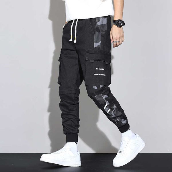 

men's pants spring summer multi-pockets camouflage patchwork fashion cargo jogger streetwear casual trousers o3qf, Black