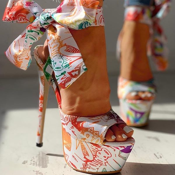 

summer lace up women sandals print super high heels platform gladiator ladies shoes peep toe stiletto ankle strap, Black