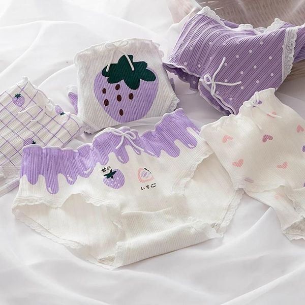 

women's panties romantic lavender purple cotton middle-waist sweet lace ruffles strawberry printed underwear for women lingeries, Black;pink