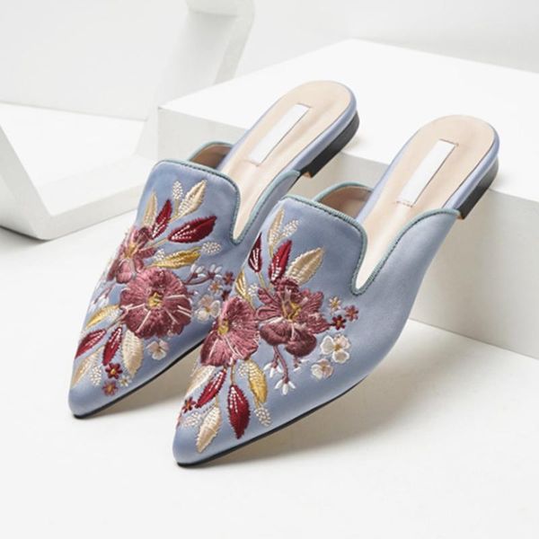 

summer trend flower embroidery ponited toe half slippers female low heel elegant ladies party shoes flat slides, Black