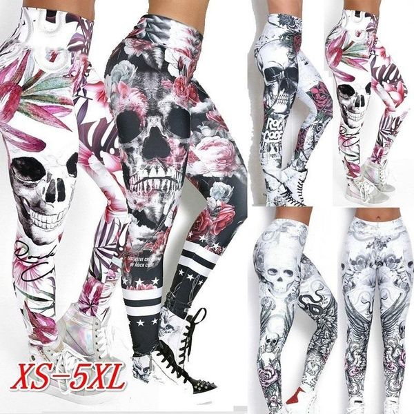 

kalenmos women's pants skull digital printing hip cropped punk style leggings jogger and ankle plus size 3xl, Black