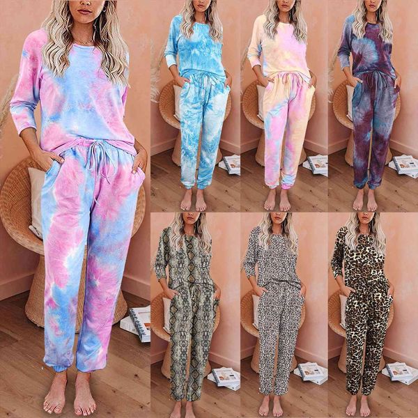 

outwear suit autumn and womens sleepwears winter casual tie dye printed long sleeve trousers split pajamas leopard print t1g, Black;red