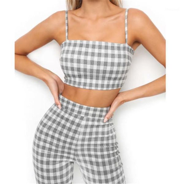 

women's tracksuits 2021 fashion summer casual sets suits women plaid costume 2-pieces (+pants) suit set female, Gray
