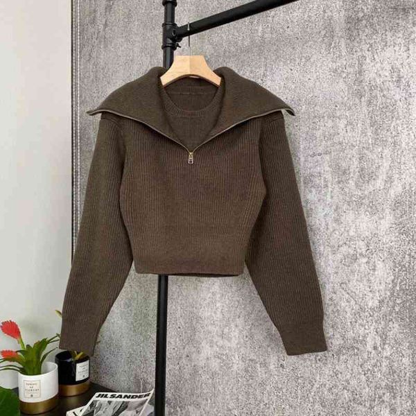 

fashion women's two-piece pullover sweater, long sve, back neck zipper, slotted knitting, lapel, autumn and winter wear, White;black