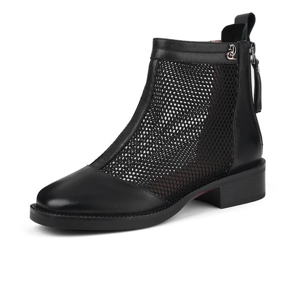 

women shoes handmade genuine cow leather riding hollow cool thick bottom flat with craft ankle boots coffee lace-up retro 2021, Black