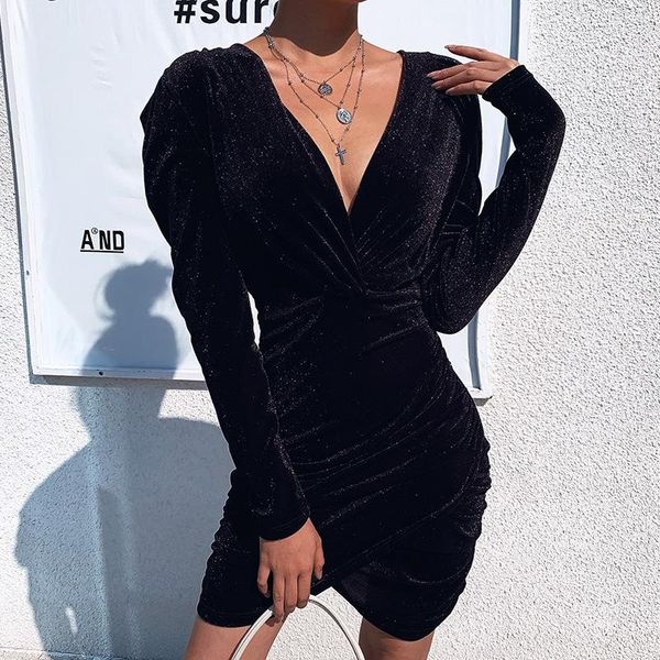 

casual dresses 2021 deep v neck solid color pleat dress puff long sleeve vintage party bodycon for women girl robe femme rz*, Black;gray