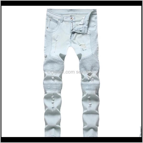

clothing apparel drop delivery 2021 mens fashionable pleated ripped jeans youth stretch slim fit skinny allmatch trousers yinda, Blue