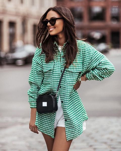 

women's blouses & shirts loose houndstooth plaid cotton shirt long sleeve turn-down collar female 2021 fashion streetwear ladies top, White