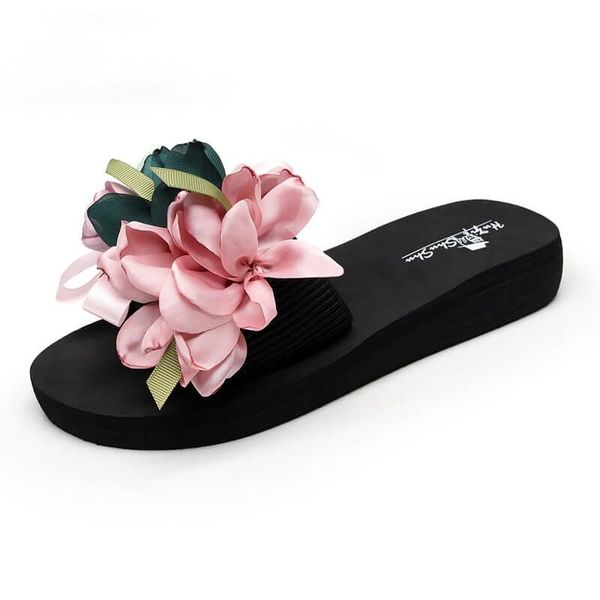 

slippers summer wear high-heeled fashion non-slip flowers ethnic style soft and bright slope heel thick-soled women's shoes beach sanda, Black