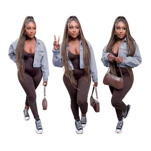 

women's jackets rstylish autumn 2021 solid long sleeve turn down collar single-breasted pockets denim cropped jacket, Black;brown