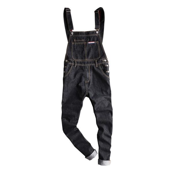

men's male fashion slim patch pocket denim bib overalls casual black suspenders jumpsuits jeans 7171, Blue