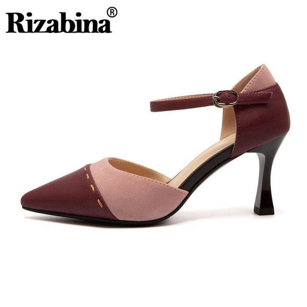 

rizabina women genuine leather sandals fashion pointed toe thin heel mixed color buckle strap footwear size 34-39, Black