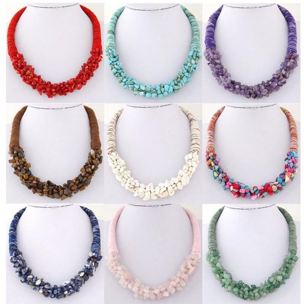 

chokers stone necklace-braided rope crushed crystal short necklace bohemia retro national style for europe and america, Golden;silver