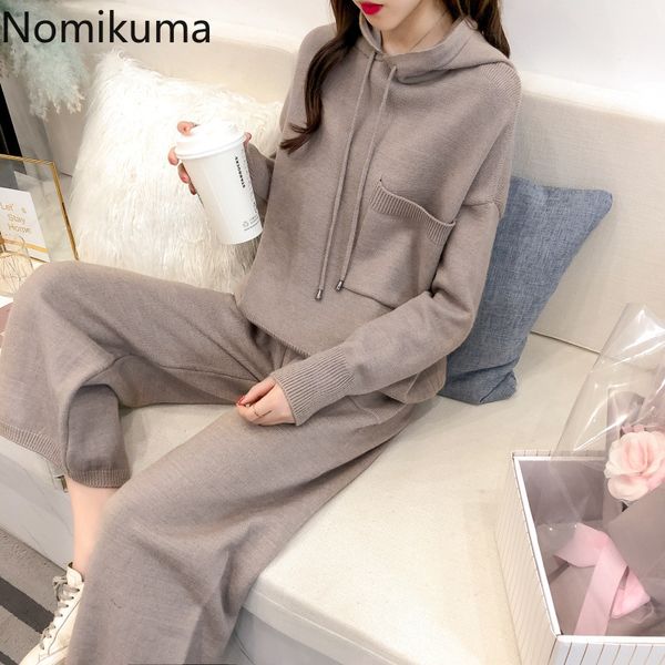 

nomikuma hooded sweater women two pieces outfits new korean high waist knitted wide leg pants autumn winter sets 6c578 210427, White