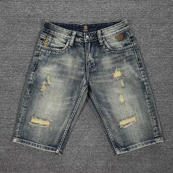 Verão Moda Designer homens jeans retro amarelo azul rasgado denim shorts vintage bordado hip hop curto kxbw