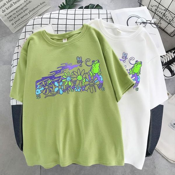 

retro fashion mushroom flower womens t shirts frog print egirl grunge aesthetic streetwear graphic ladies cute top, White