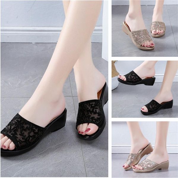 

slippers summer women's mesh rhinestone upper slope heel solid color fish mouth hollow breathable outdoor leisure beach slides, Black