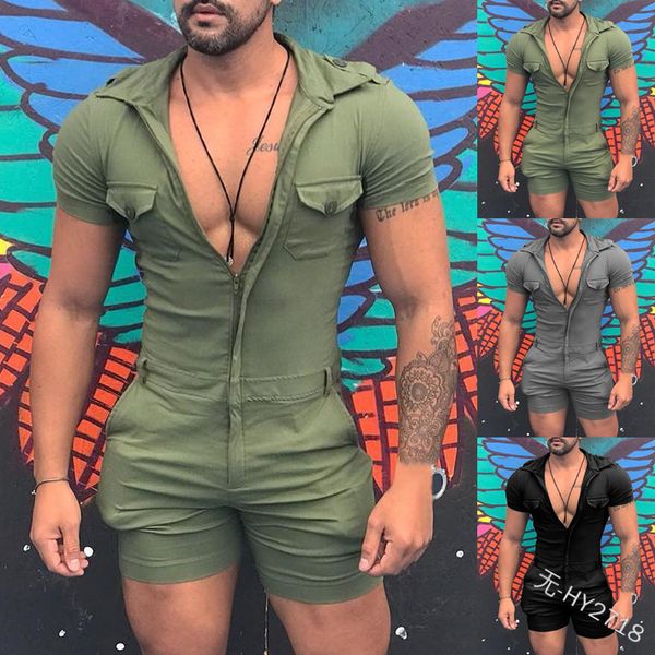 

tracksuits fashion movement 2021 summer men's personalized short sleeve shorts one-piece suit slim zipper shirt, Gray