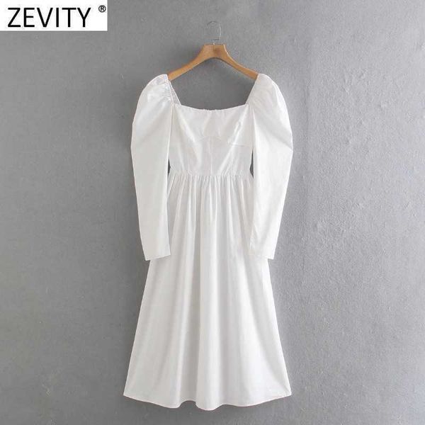 

zevity women vintage square collar casual slim white midi dress female chic puff sleeve back zipper elastic vestido ds8191 210603, Black;gray