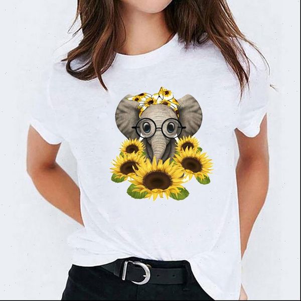 

cartoon elephant sunflower 90s printing women t shirts print graphic tee, White