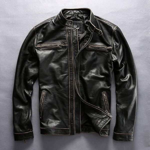 

men's leather & faux 2021 arrival vintage genuine cowskin motorcycle jacket with biker for men black coat