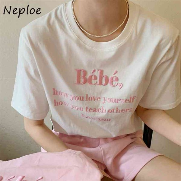 

neploe o neck pullover short sleeve t shirt women letter print loose causal tees summer cotton ladies multicolor 210708, White