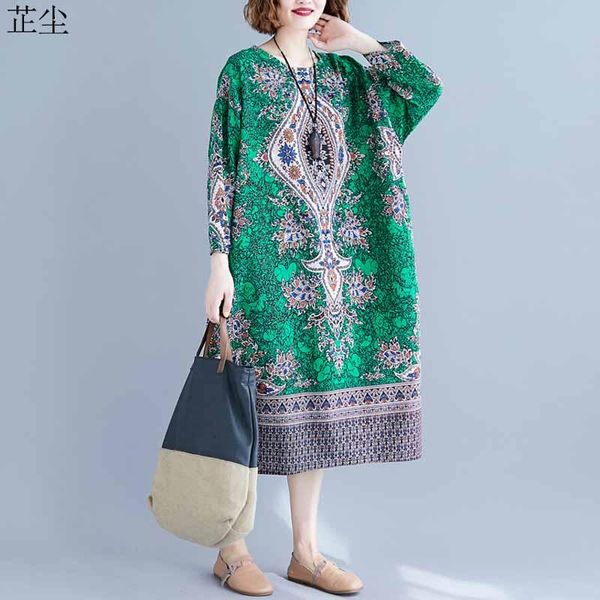 

casual dresses vintage art ethnic printed boho plus size autumn long sleeve cotton dress robe femme loose linen maxi 2021, Black;gray