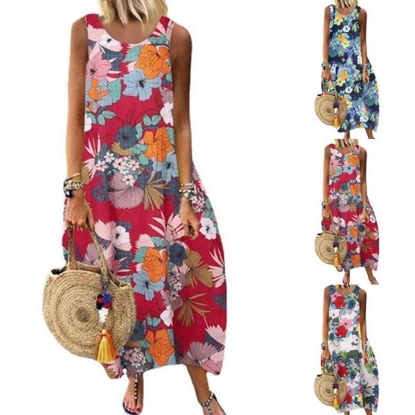 

casual dresses summer dress floral print loose women round neck large hem for beach female printed robe sleeveless vestidos plus size, Black;gray
