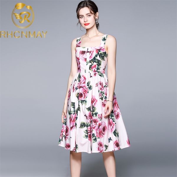 Designer Sommer Rose Floral Bedruckte Midi-lange Kleider für Frauen Elegante Party Nacht Spaghetti Strap Weiß Strand Frau Kleid Robe 210506