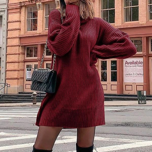 

casual dresses turtleneck sweater dress women loose striped thickened long sleeve winter plus size solid think woman streetwear, Black;gray