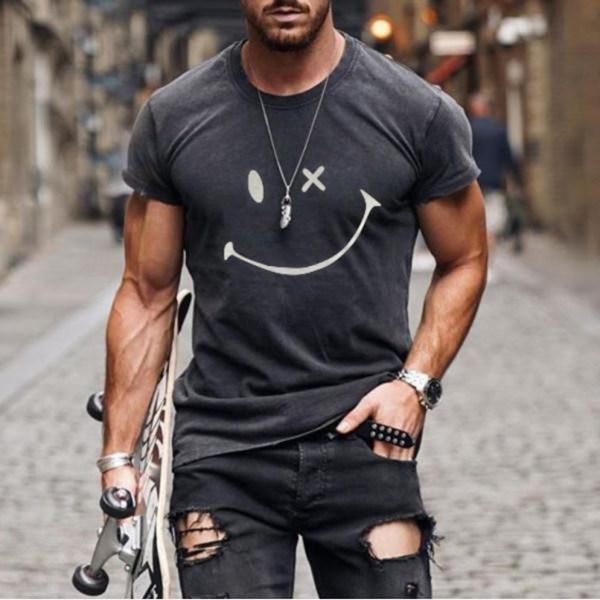 

summer men's dark gray fashion printed smiley face short sleeve t shirt, White;black