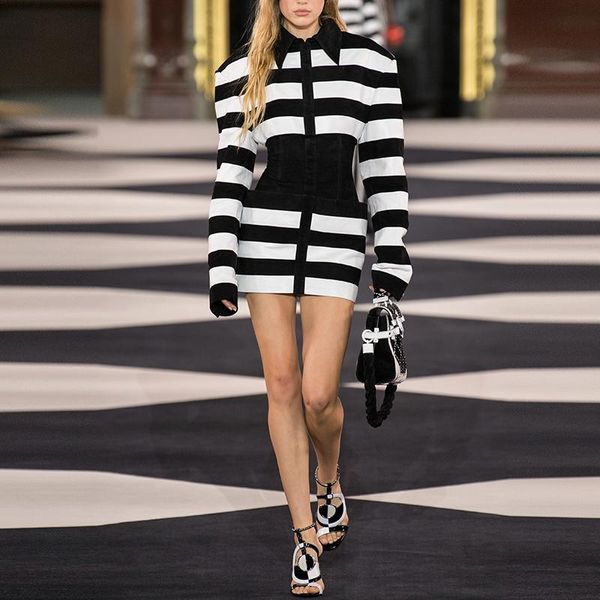 

casual dresses autumn winter 2021 runway women's color block striped smocked waist leather velvet patchwork dress, Black;gray
