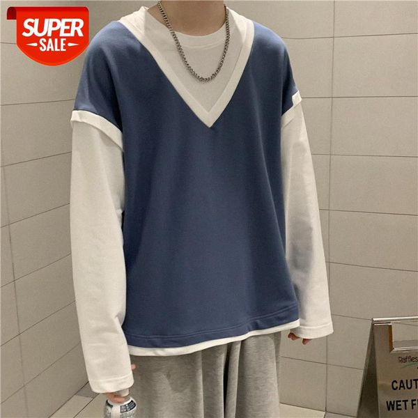 

autumn clothes men's long-sleeved loose fake two-piece t-shirt ins trend tide brand sweater #l63h, White;black