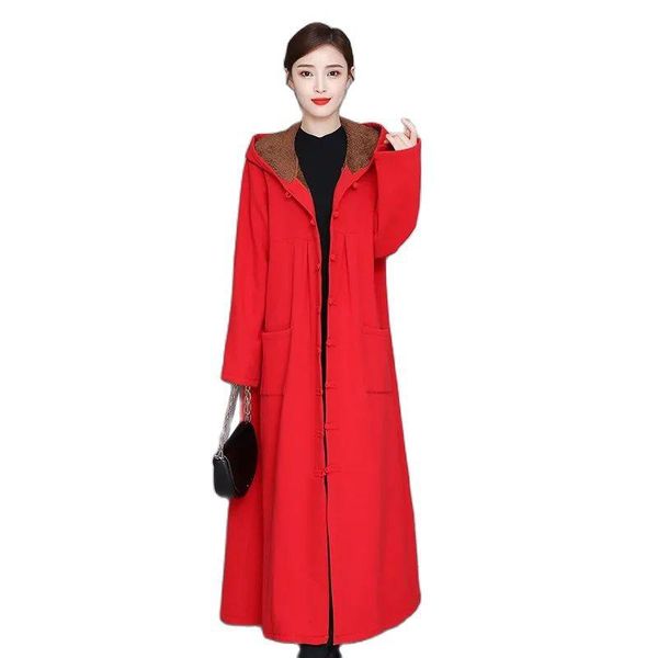 

women's trench coats women coat 2021 autumn winter middle-aged female cotton linen plus velvet thicken long windbreaker c, Tan;black