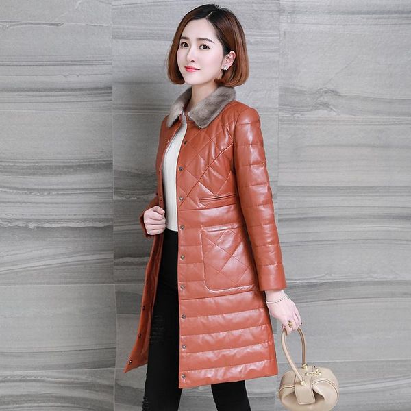 

women's leather & faux collar autumn winter coat women clothes 2021 real genuine jacket korean vintage sheepskin down zt3741, Black
