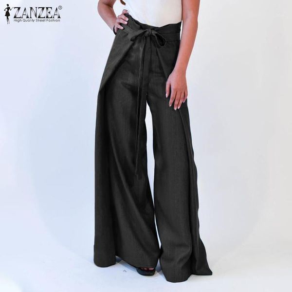 

women's pants & capris women's 2022 summer women denim blue trouser wide leg casual solid pleated belted high waist stylish oversi, Black;white
