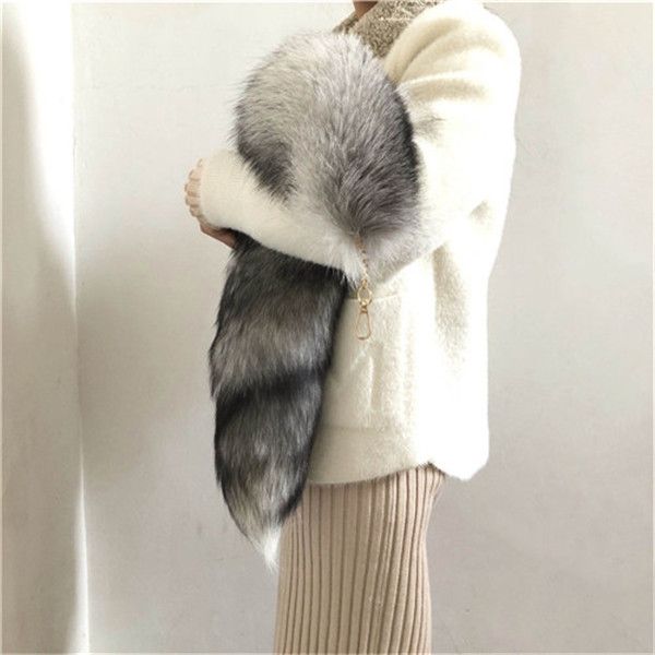 

70cm/27.5"- large real fox fur tail keychain cosplay toy keyrings bag charm furry pendant tassels, Silver